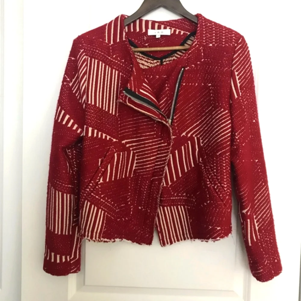 IRO Red Geometric Tweed Boucle Moto Jacket Raw Egde